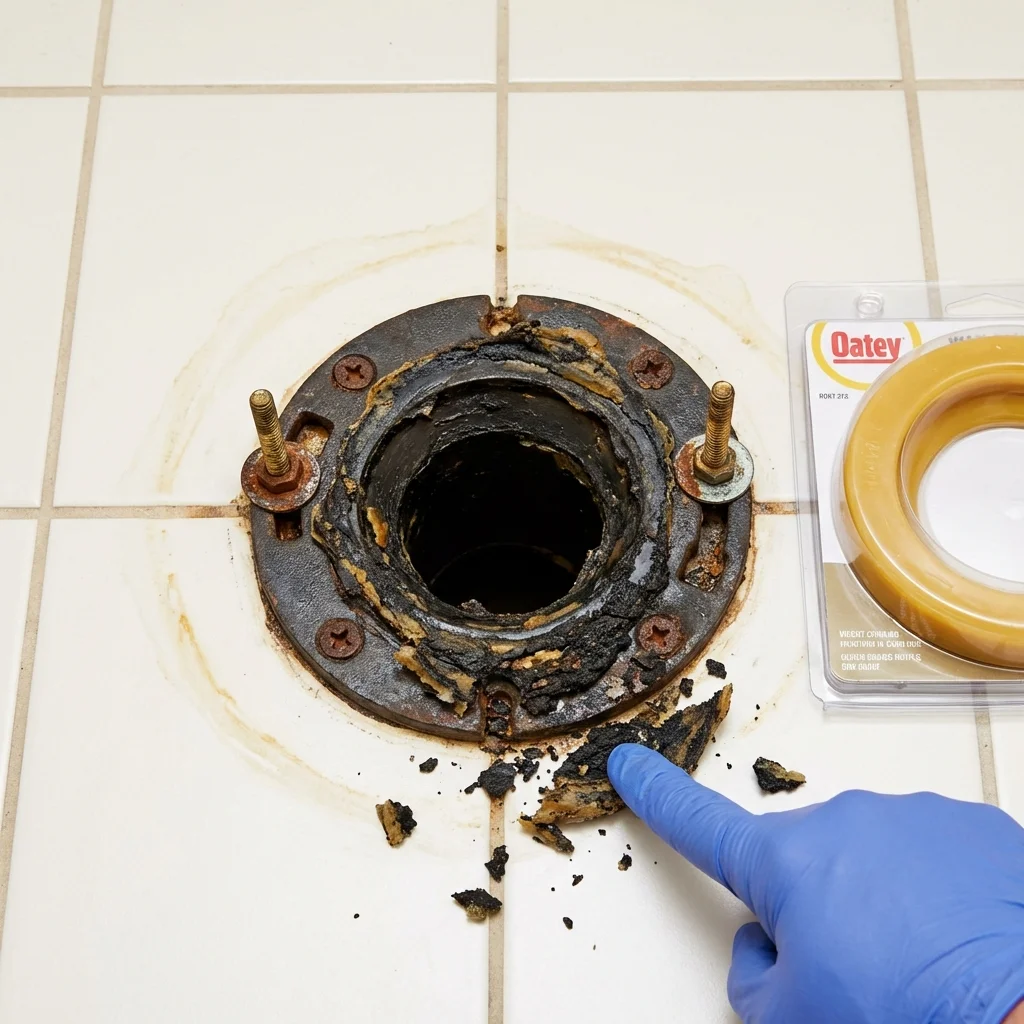 Failed wax ring showing water seepage at the base of a toilet in a Whitefield, ME home