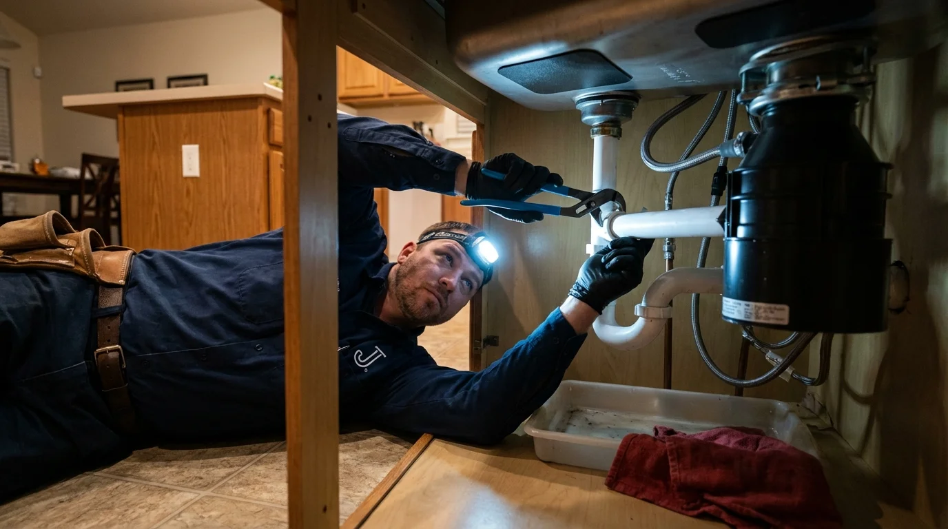 P-trap and supply line connections under a kitchen sink showing a common leak point in Whitefield, ME